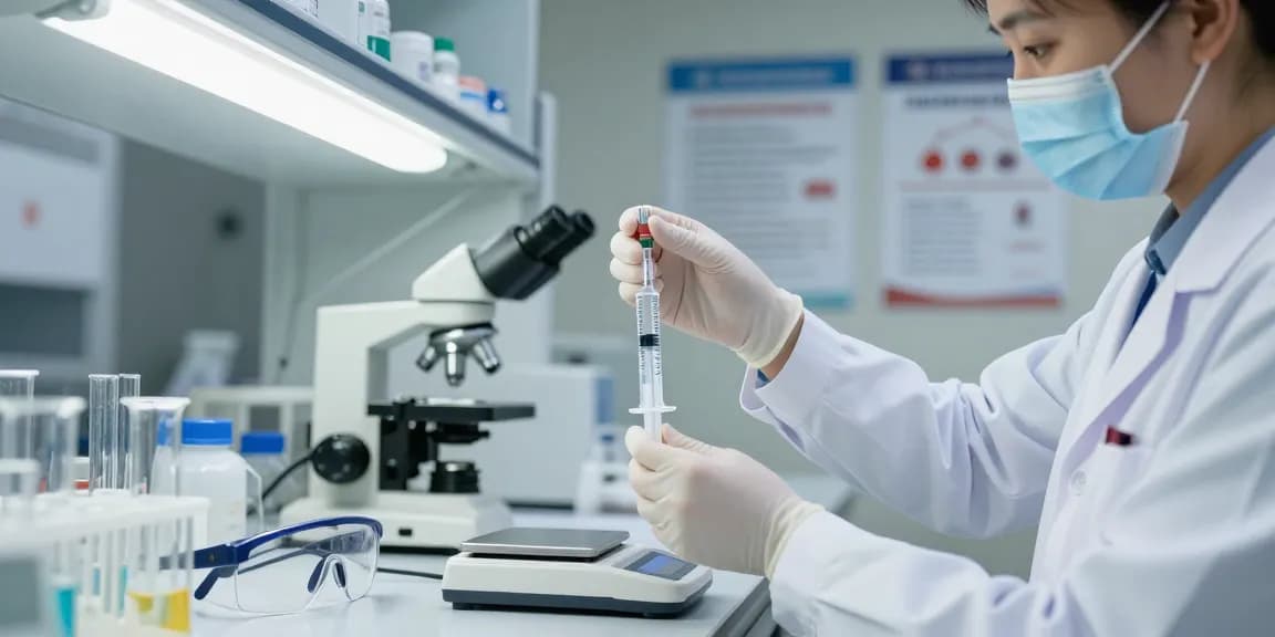 Healthcare professional measuring fluid in a 10 ML syringe within a laboratory setting.