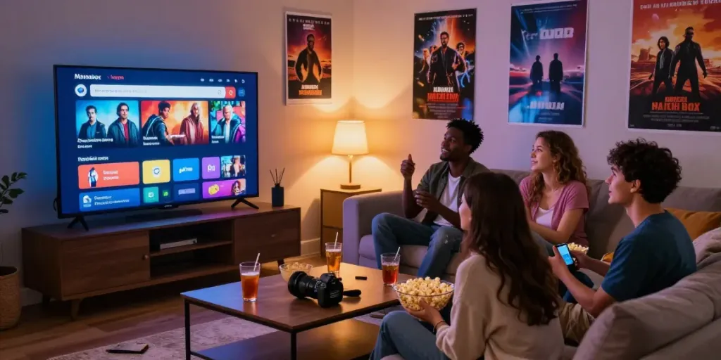 Friends enjoying a movie together using the moviebox app on smart TV in a cozy living room.