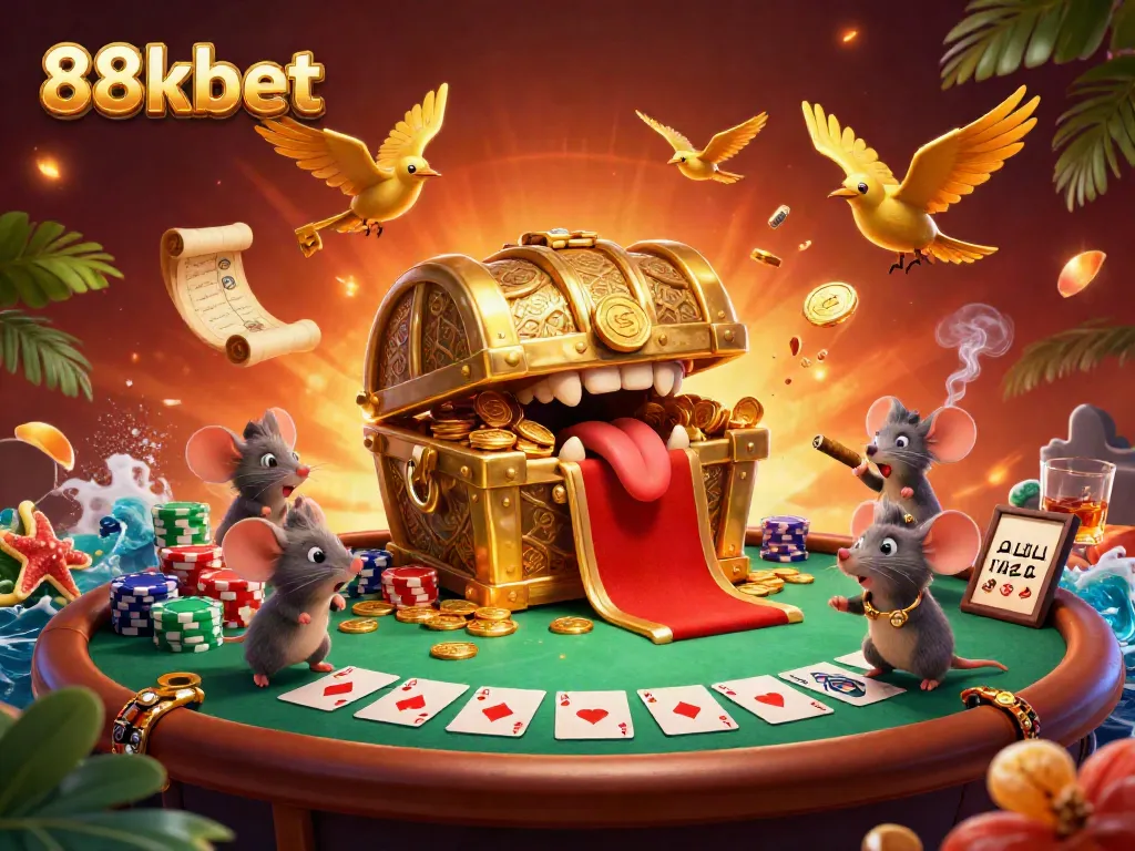 Engaging 88kbet treasure chest illustration, enticing adventurers with riches in a vibrant casino setting.