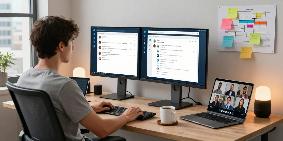 User engaging with Telegram Web Version on dual monitors in a modern workspace.