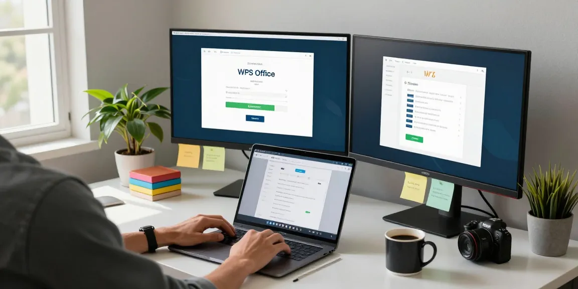 WPS Download installation on a modern home office desk with dual monitors and inspiring workspace.