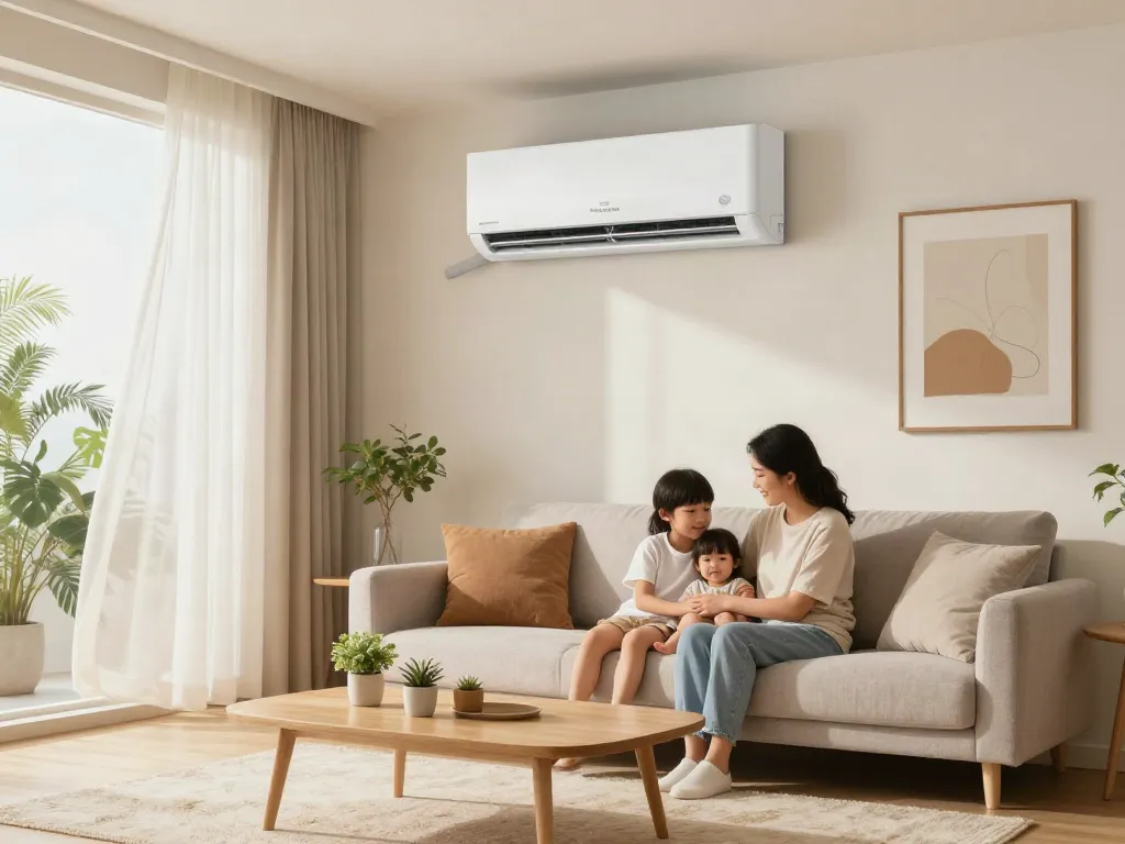 Ductless air conditioner enhancing comfort in a stylish living room as a family enjoys quality time.