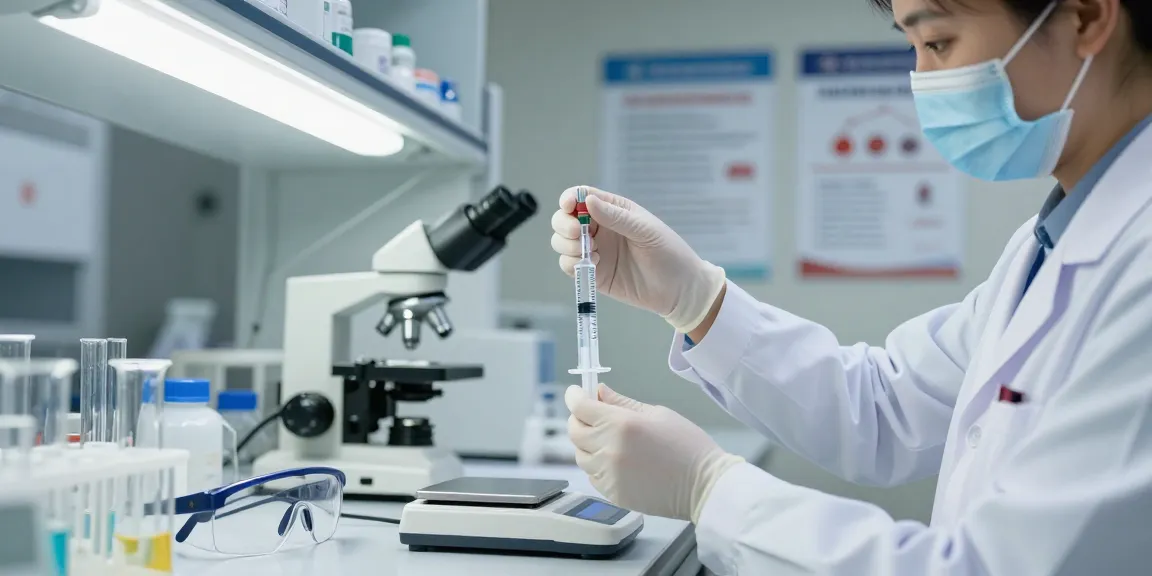 Healthcare professional measuring fluid in a 10 ML syringe within a laboratory setting.