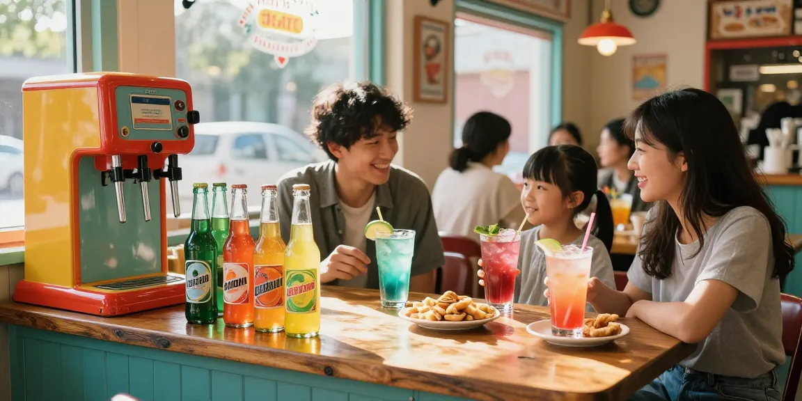 Craft soda bottles displayed at a vibrant retro soda shop, showcasing colorful flavors and family joy.