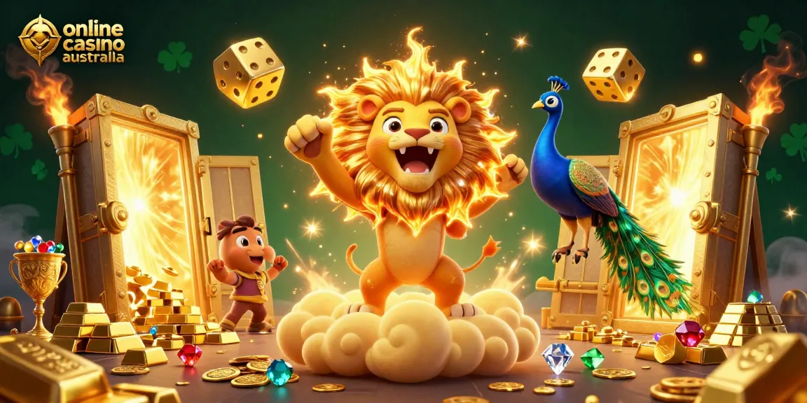 Play at an online casino Australia featuring a roaring sun lion, tumbling dice, and sparkling treasures.